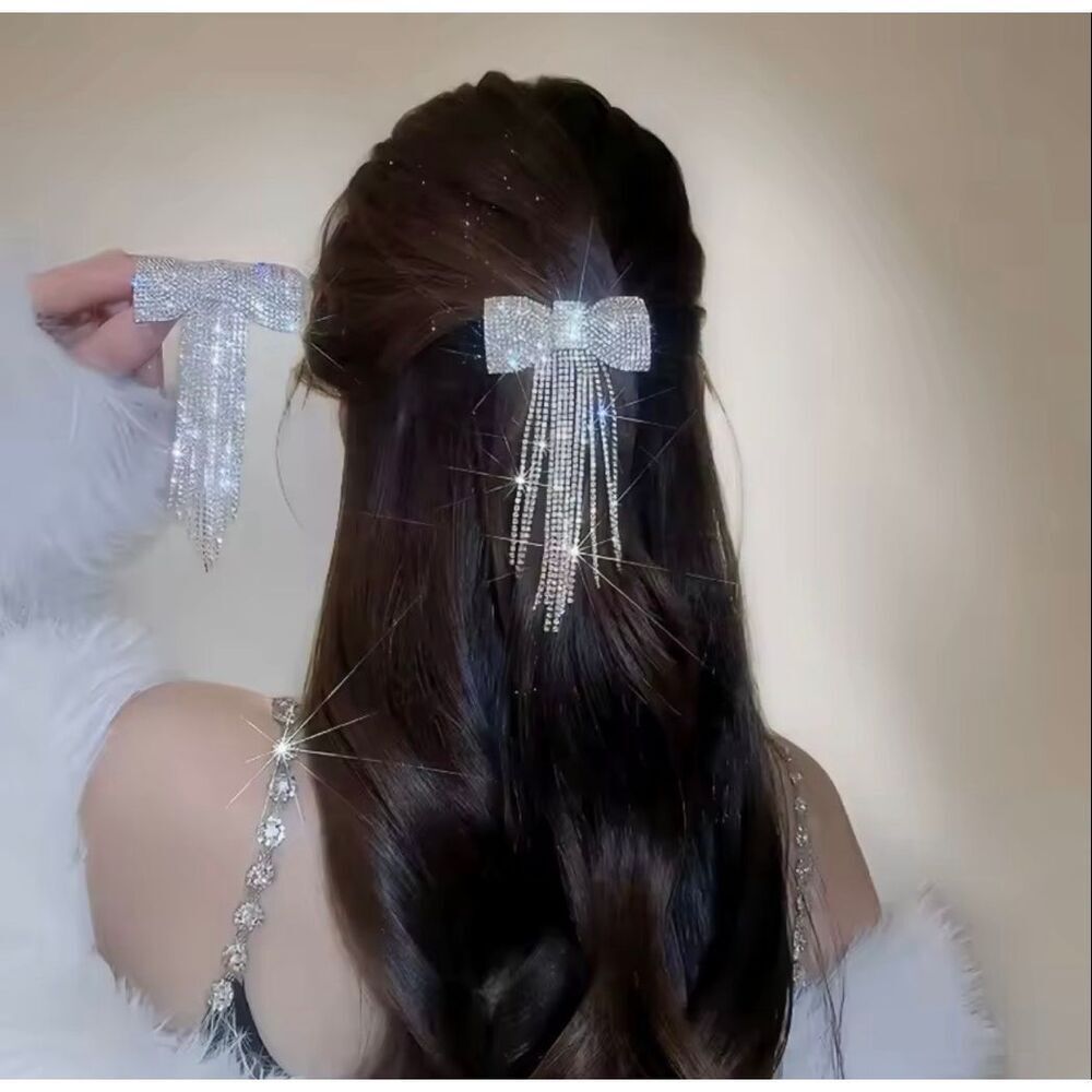 Rhinestone Bow Hair Clip Crystal Tassel Barrette Silver Sparkly Hair Accessory